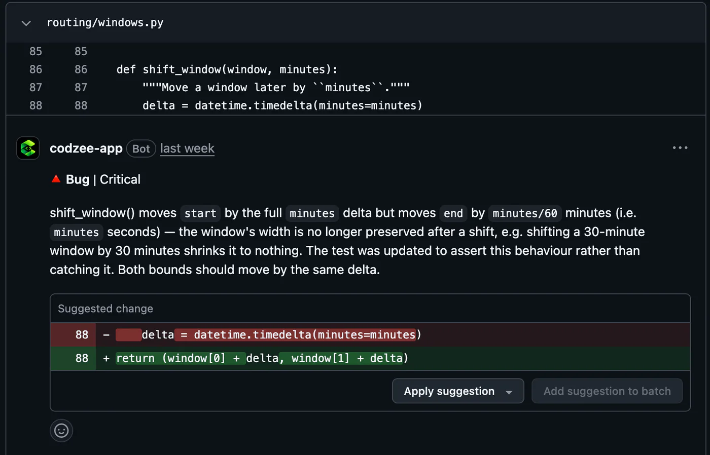 Codzee comment on a line of code: a critical bug explained, with a suggested change and an Apply suggestion button