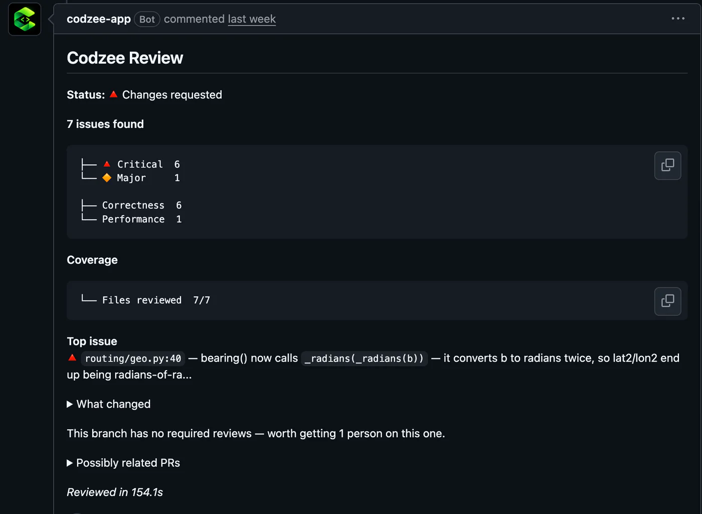 Codzee review comment on a pull request: changes requested, 7 issues found by severity, 7 of 7 files reviewed, and the top issue